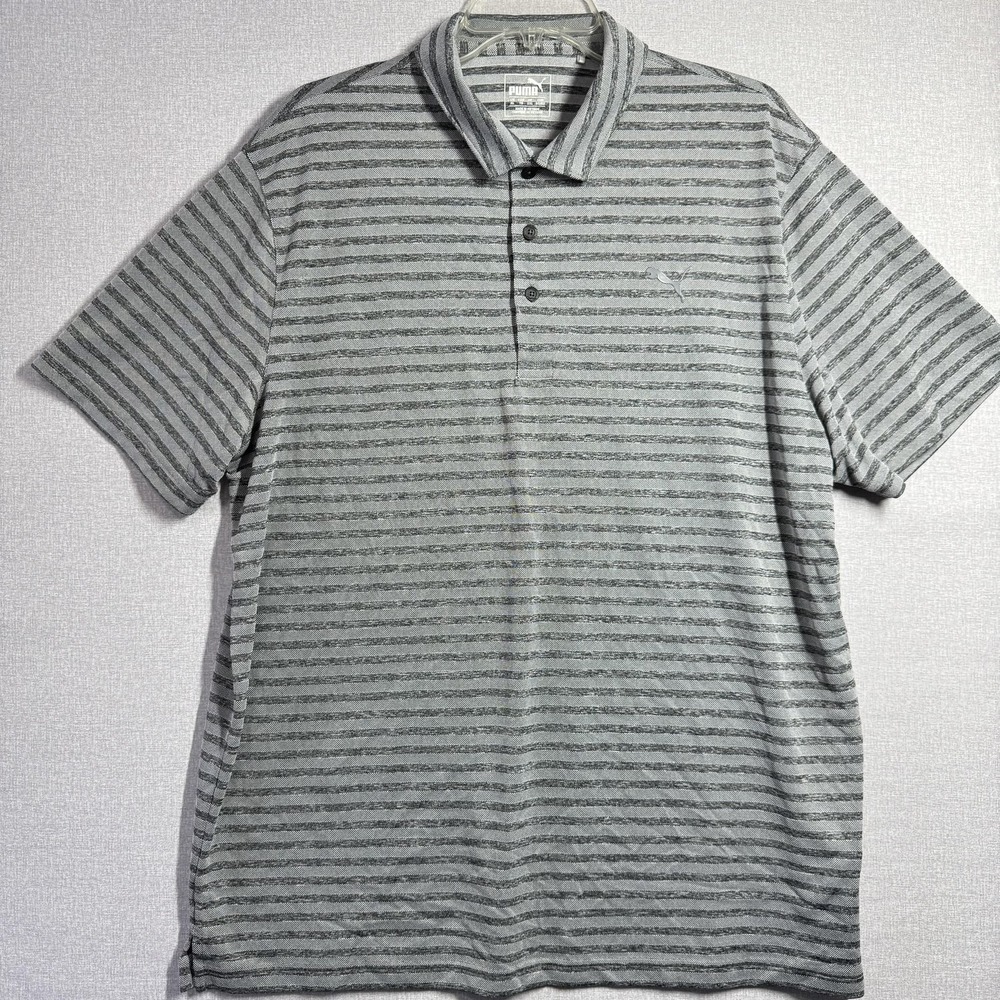 Puma Polo Shirt‎ Mens XL Gray Striped Performance Golf Athletic Short Sleeve